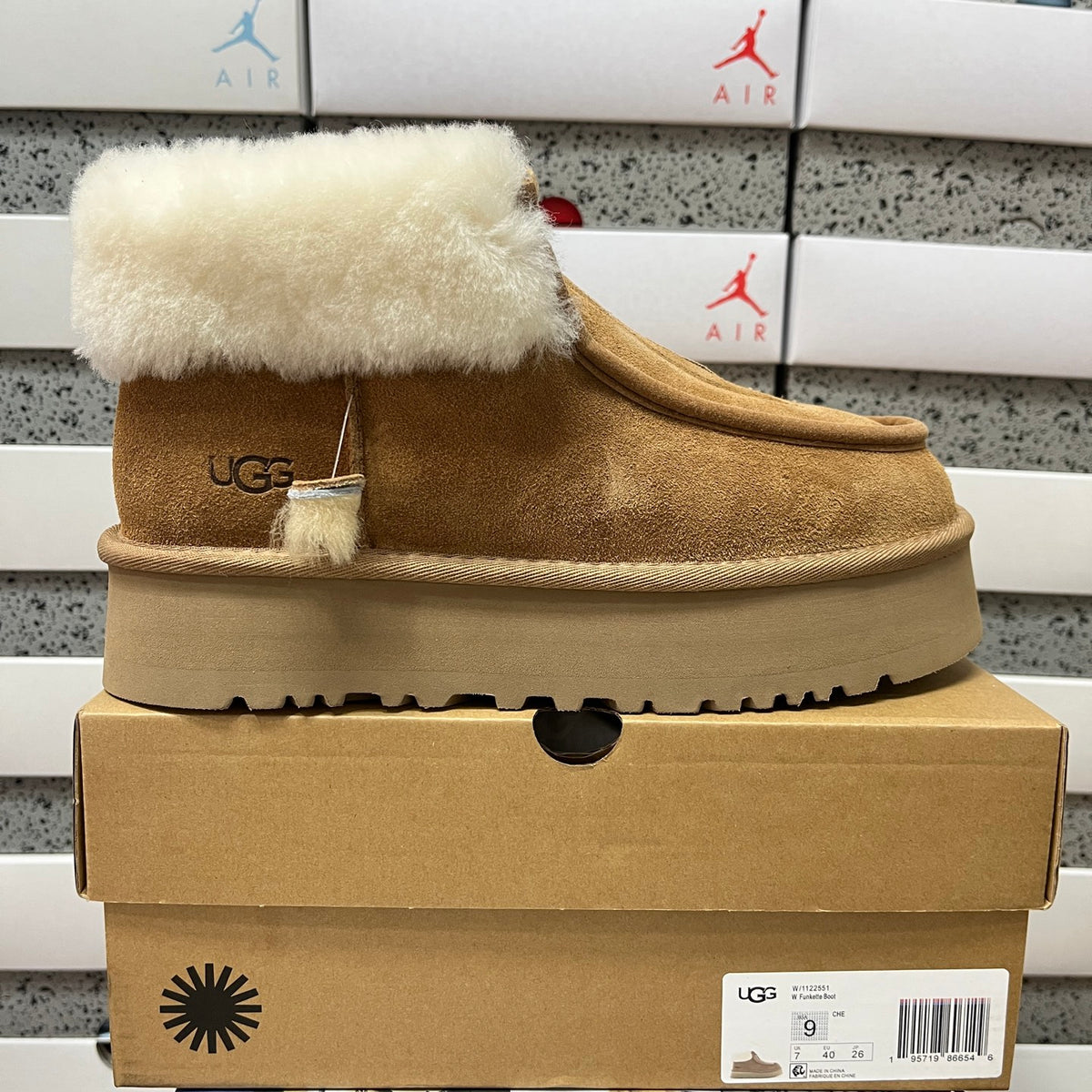 UGG Chestnut Platform Ankle Boots with Cream Plush Collar and Front Zip