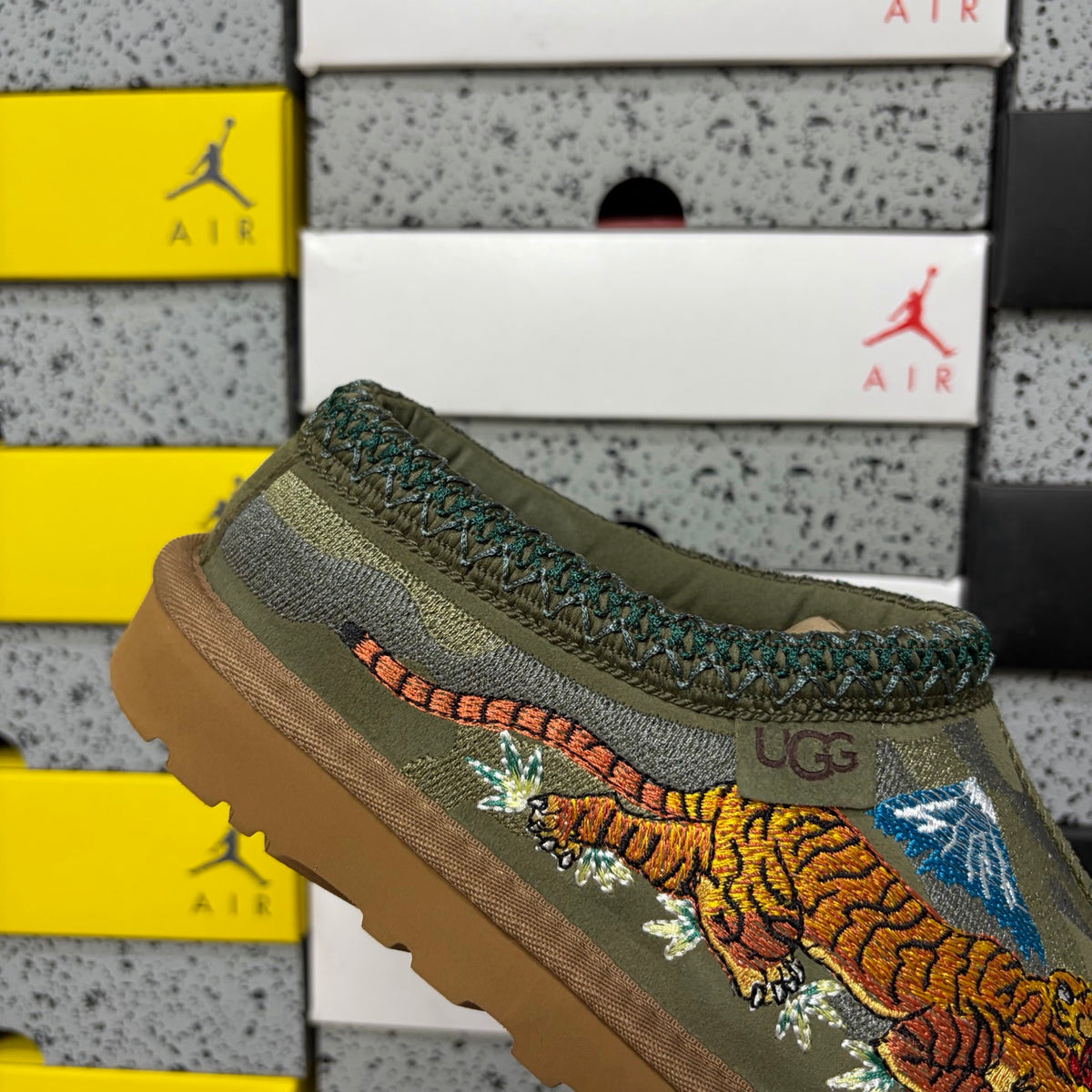 UGG Olive Green Dragon & Tiger Embroidered Slip-On Shoes with Braided Trim