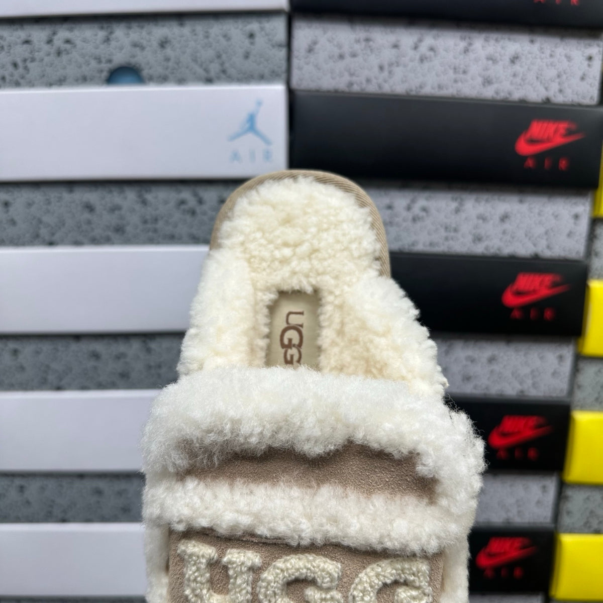 UGG Khaki Embroidered Mule Slippers with Cream Plush Trim