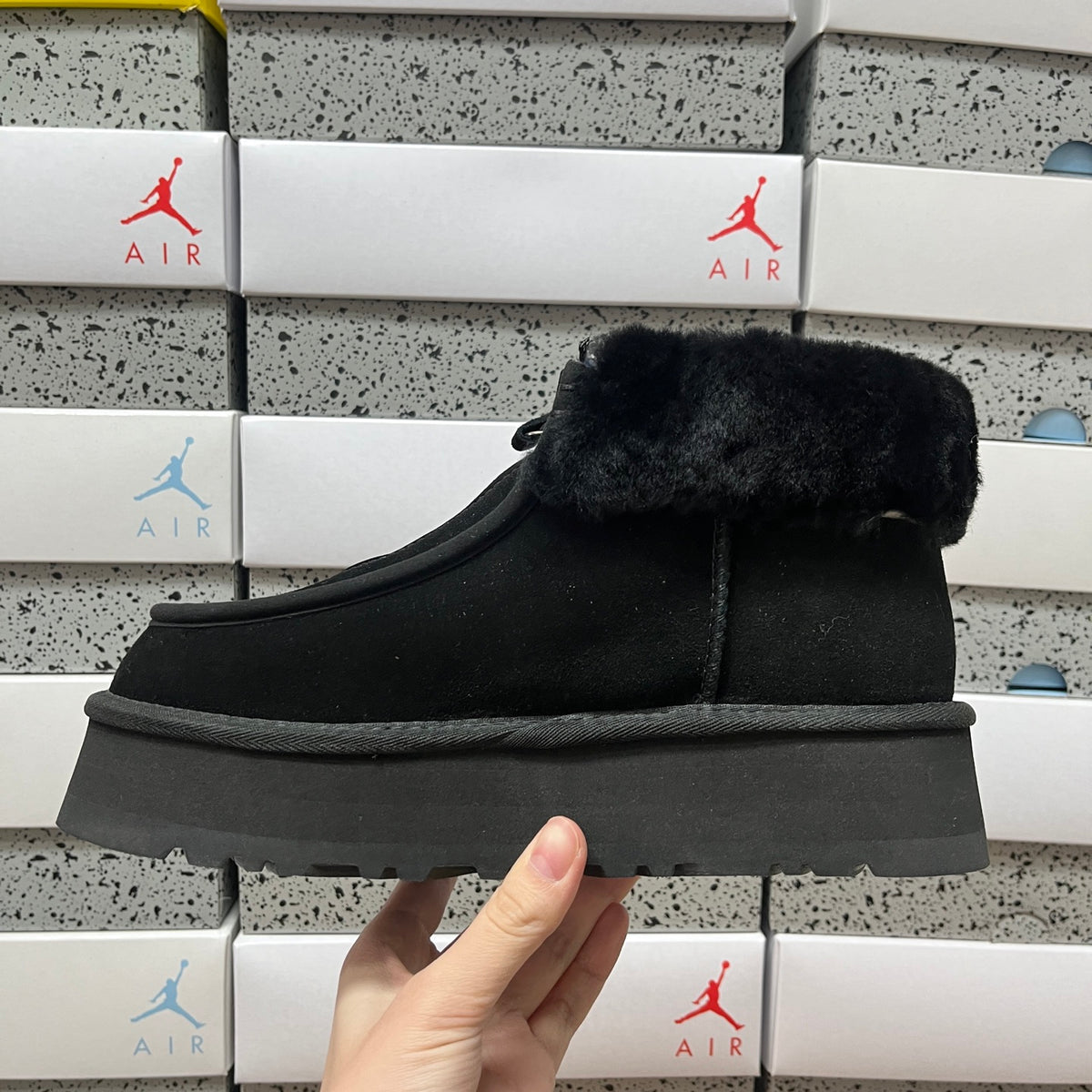UGG Black Platform Ankle Boots with Plush Collar and Front Zip