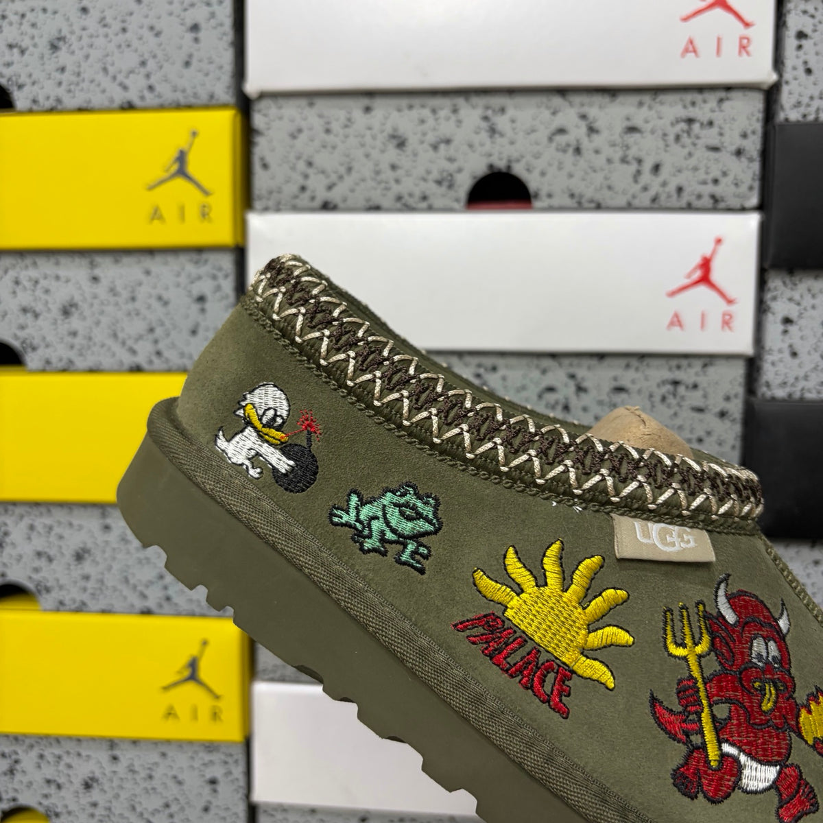 UGG Olive Green Cartoon-Embroidered Slip-On Shoes with Braided Trim