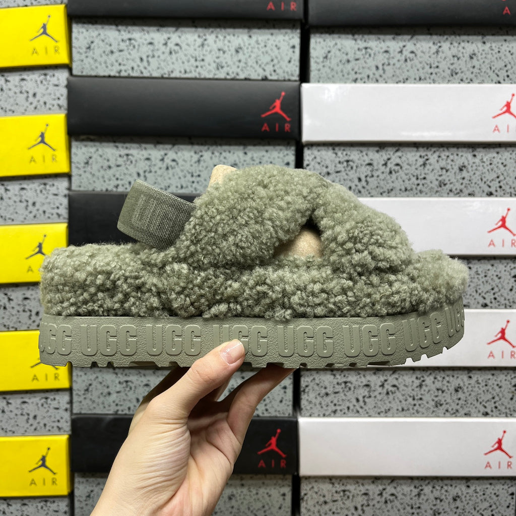UGG Sage Green Plush Cross-Strap Platform Sandals