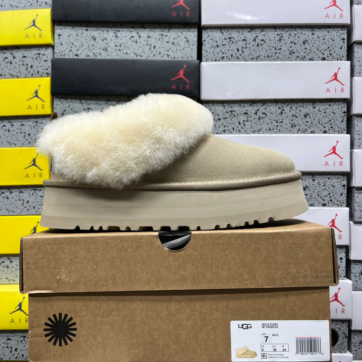 UGG Sand Tazzelle Platform Slippers with Cream Plush Collar
