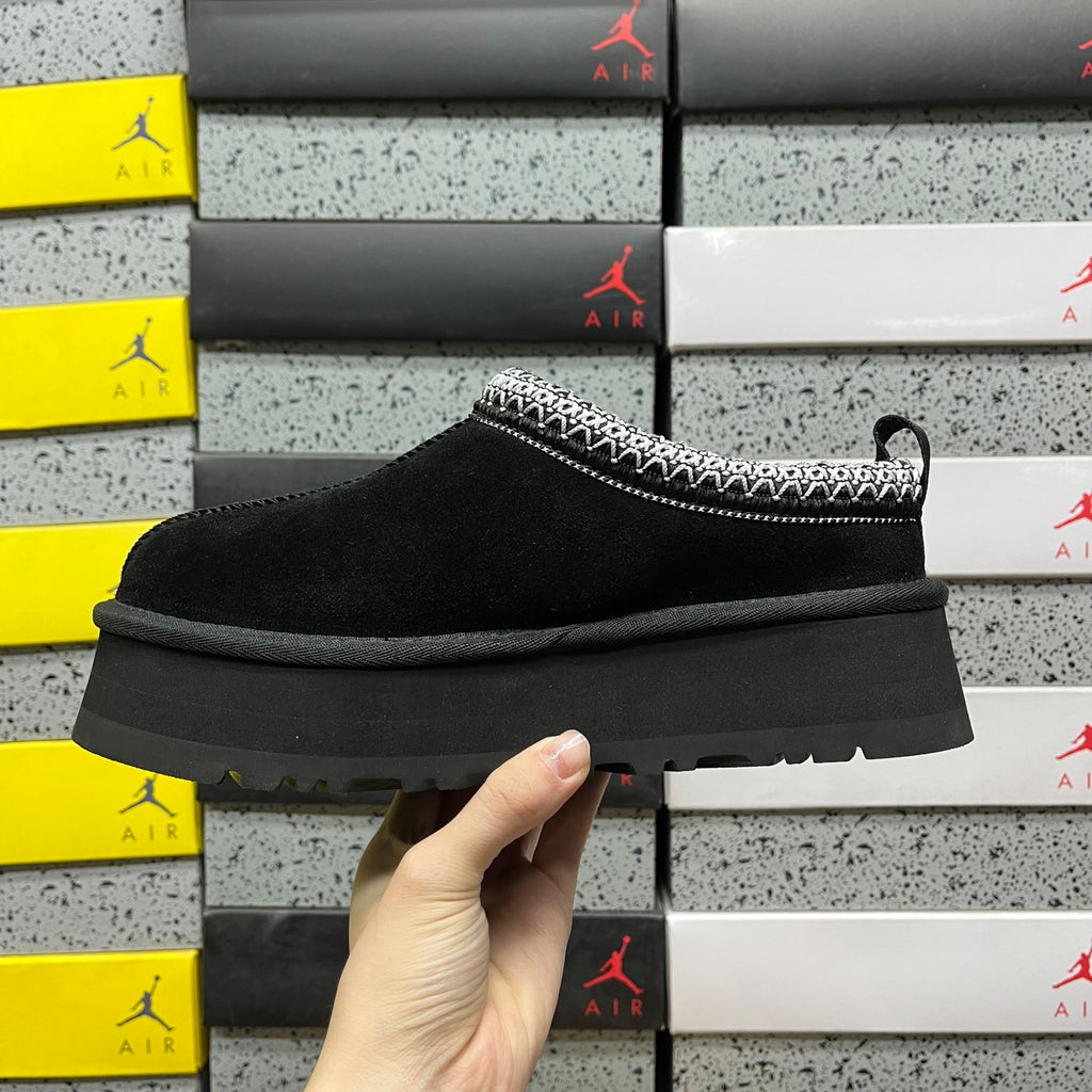 UGG Black Platform Slip-On Shoes with Woven Trim