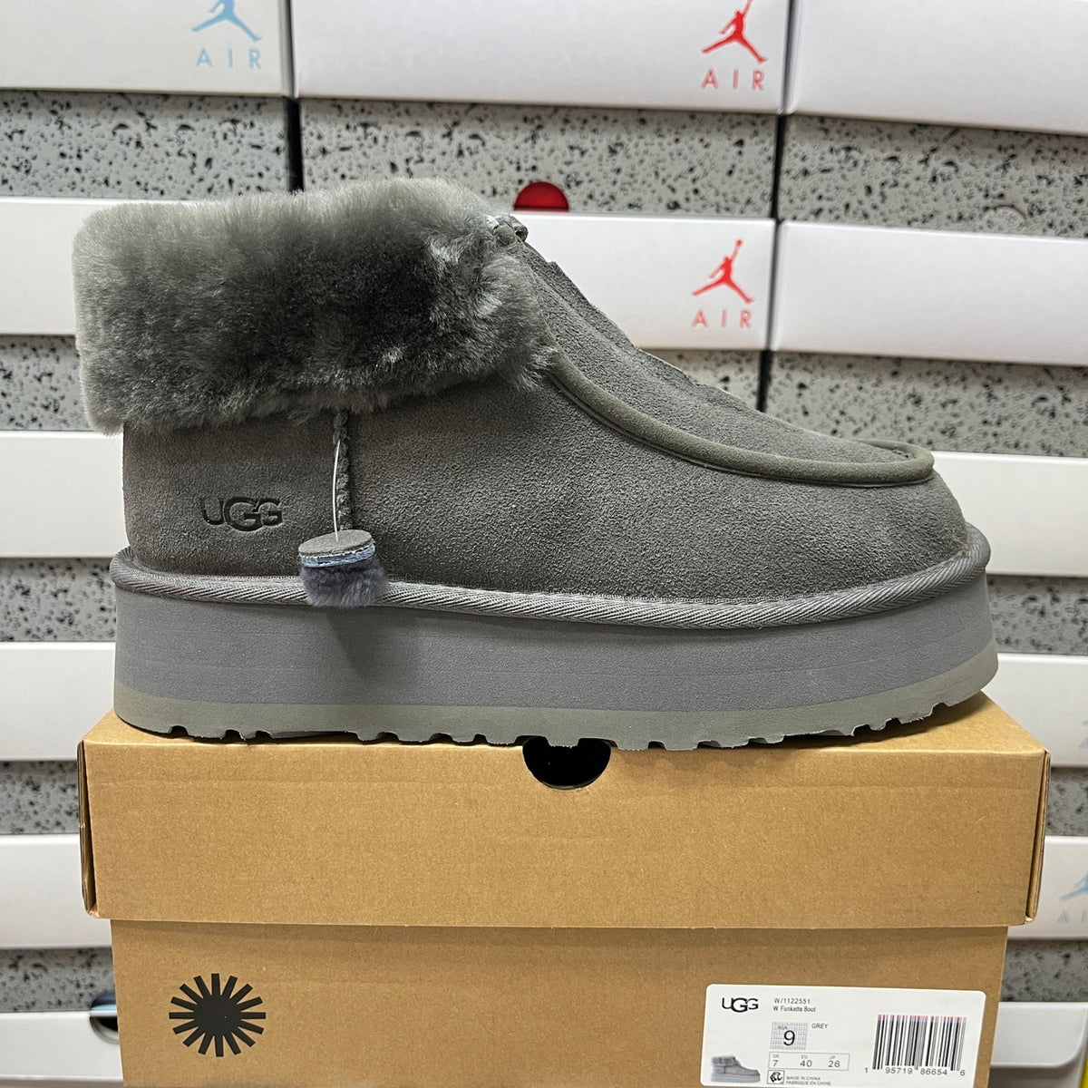 UGG Gray Platform Ankle Boots with Plush Collar and Front Zip