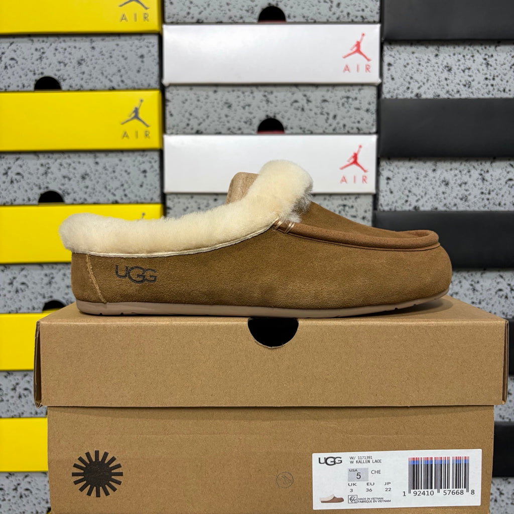 UGG Chestnut Moccasin Slippers with Cream Plush Collar