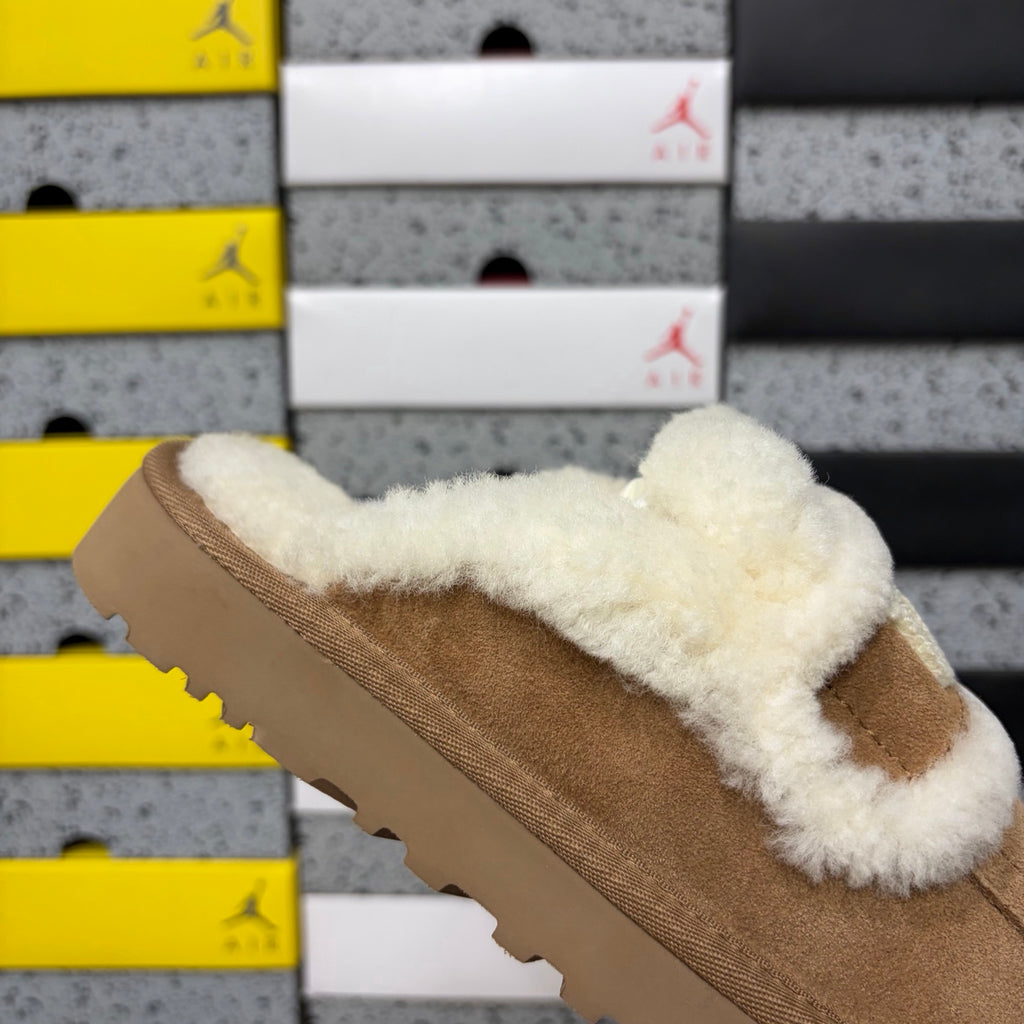 UGG Chestnut Embroidered Mule Slippers with Cream Plush Trim