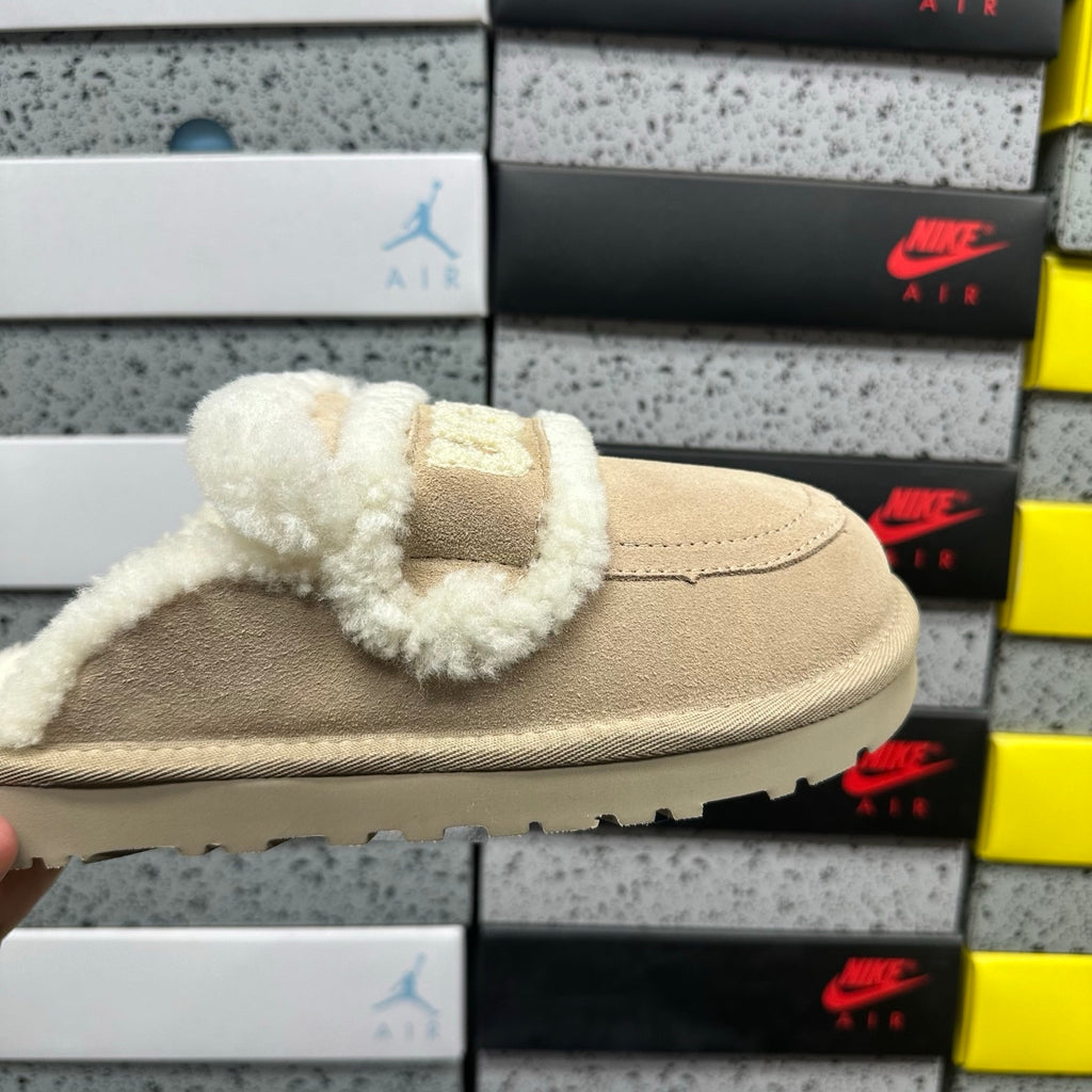 UGG Khaki Embroidered Mule Slippers with Cream Plush Trim