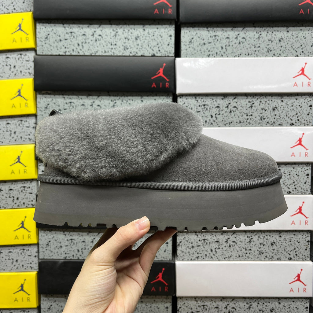 UGG Gray Tazzelle Platform Slippers with Plush Collar