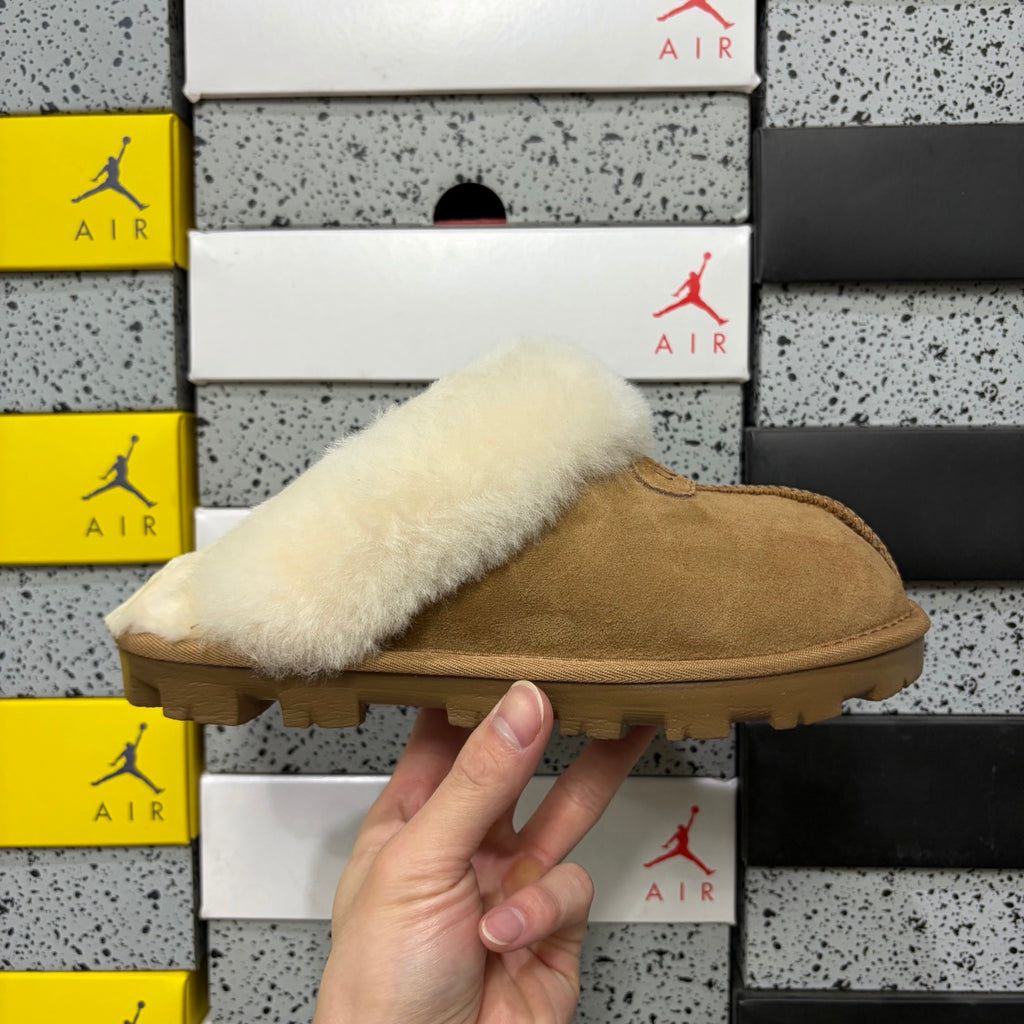 UGG Chestnut Open-Back Slippers with Cream Plush Trim