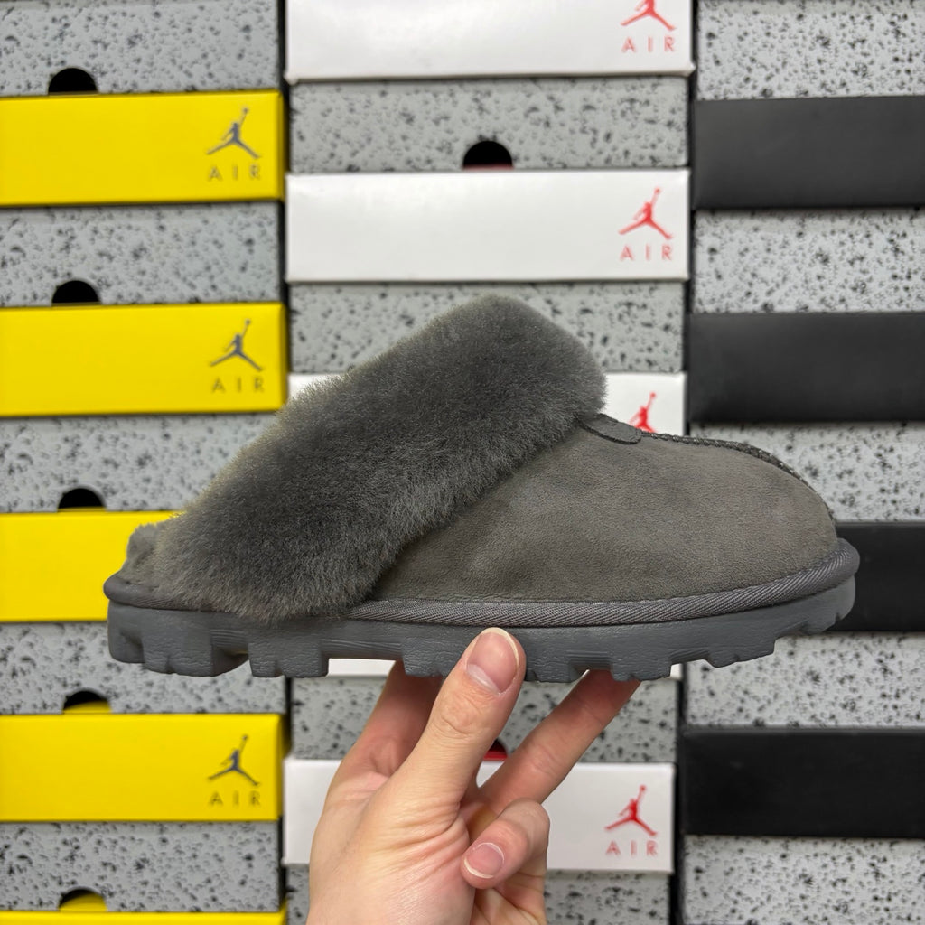 UGG Gray Open-Back Slippers with Plush Collar