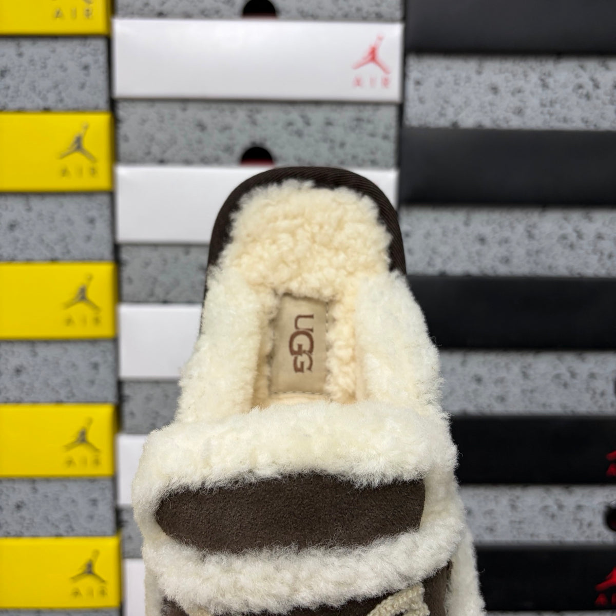 UGG Chocolate Brown Embroidered Mule Slippers with Cream Plush Trim
