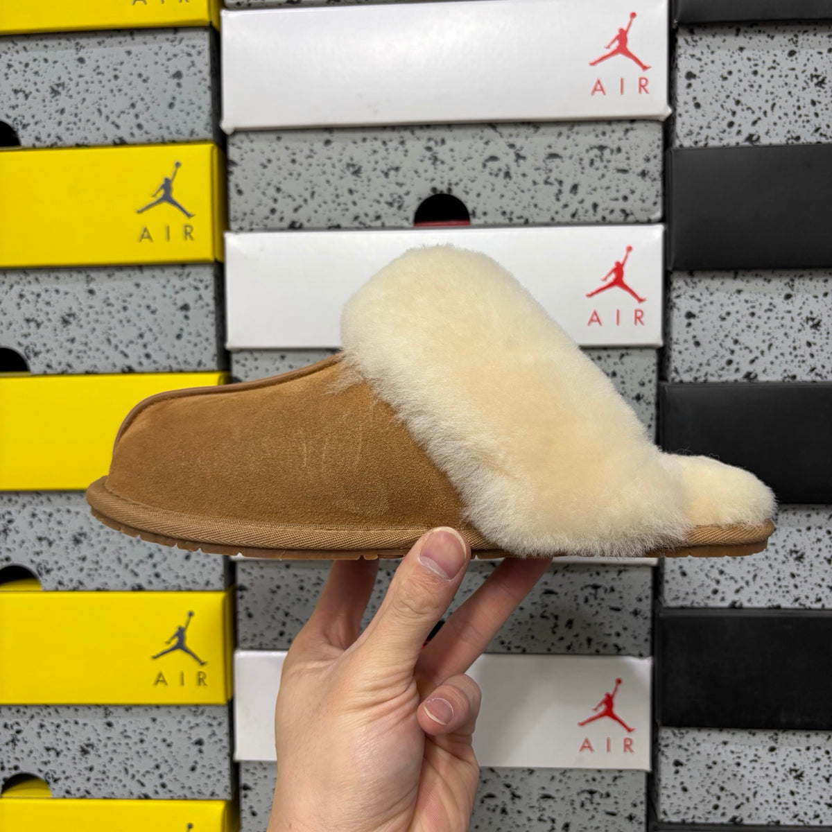 UGG Chestnut Open-Back Slippers with Cream Plush Collar