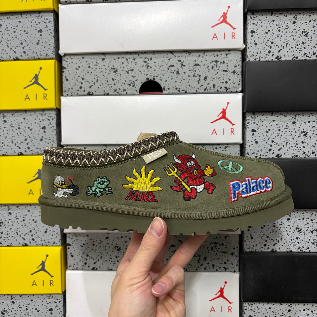 UGG Olive Green Cartoon-Embroidered Slip-On Shoes with Braided Trim
