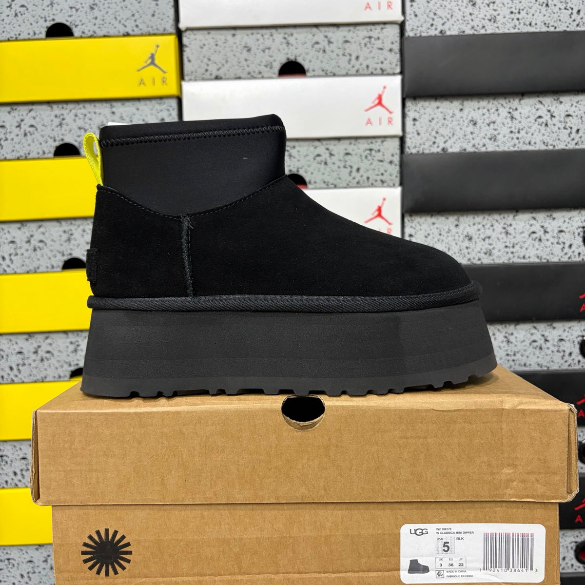 UGG Black Platform Ankle Boots with Neon Yellow Pull Tab