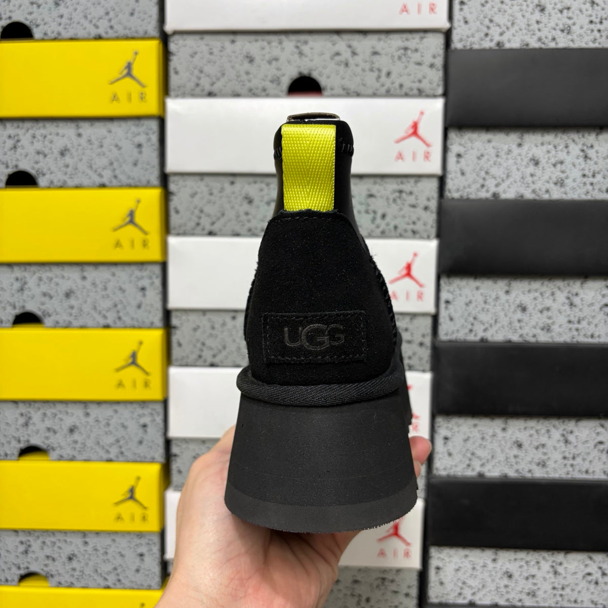 UGG Black Platform Ankle Boots with Neon Yellow Pull Tab
