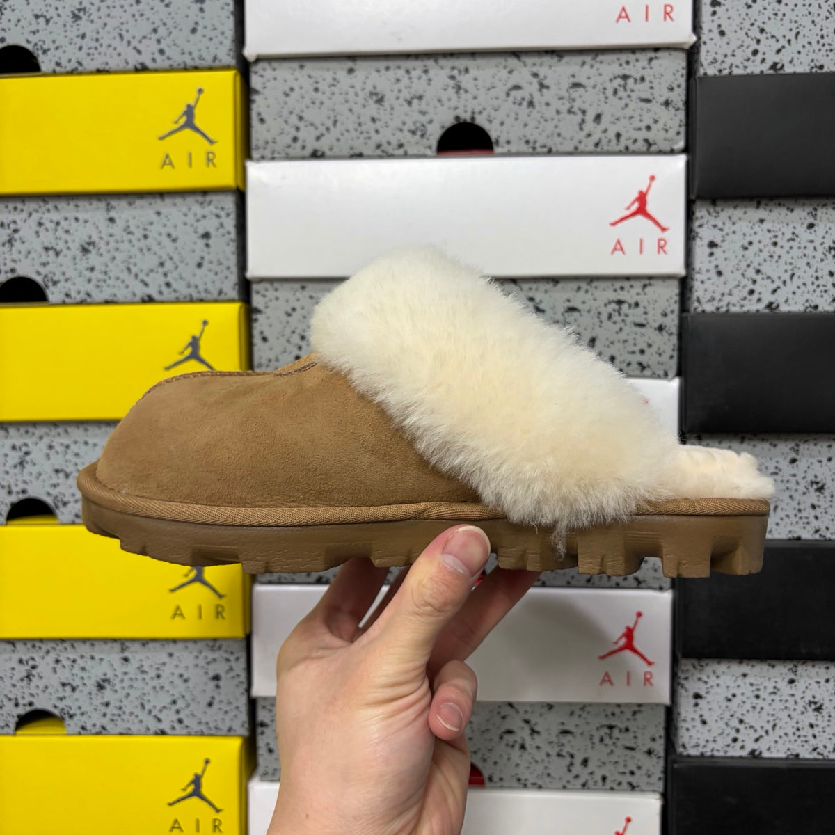 UGG Chestnut Open-Back Slippers with Cream Plush Trim