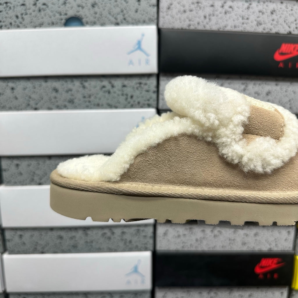 UGG Khaki Embroidered Mule Slippers with Cream Plush Trim