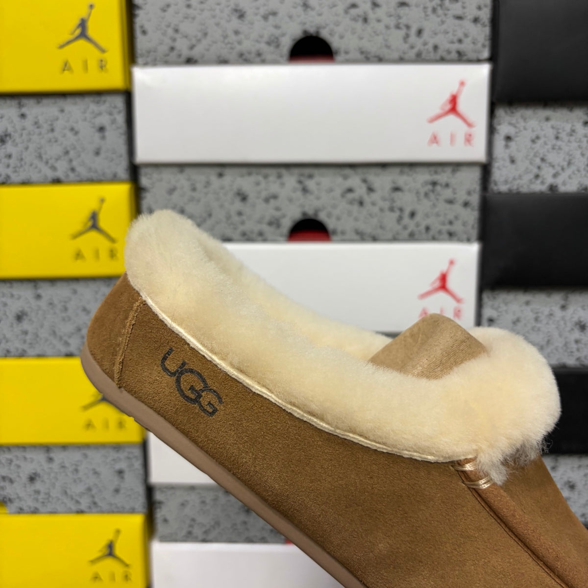 UGG Chestnut Moccasin Slippers with Cream Plush Collar