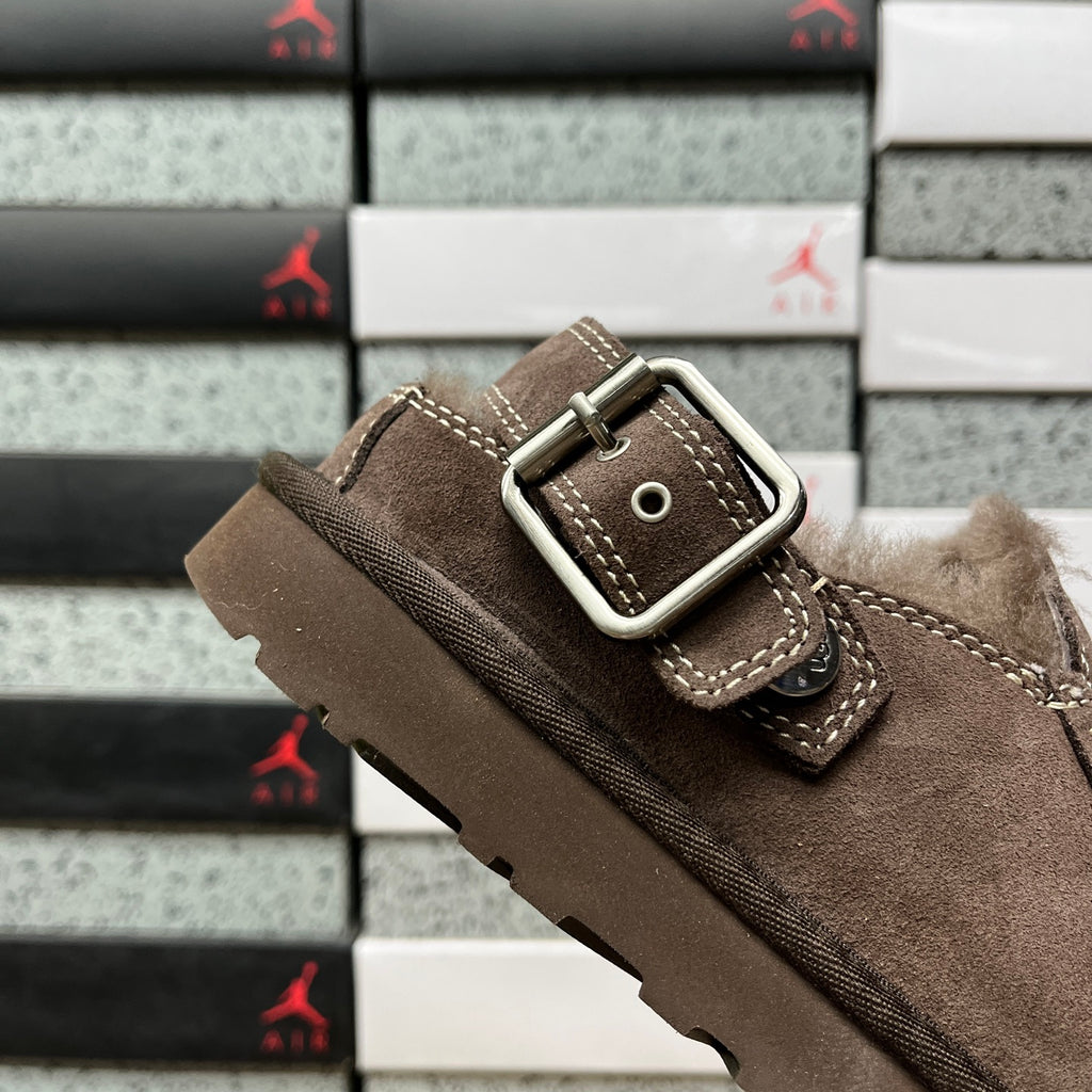 UGG Dark Brown Buckle-Strap Platform Clogs with Plush Lining