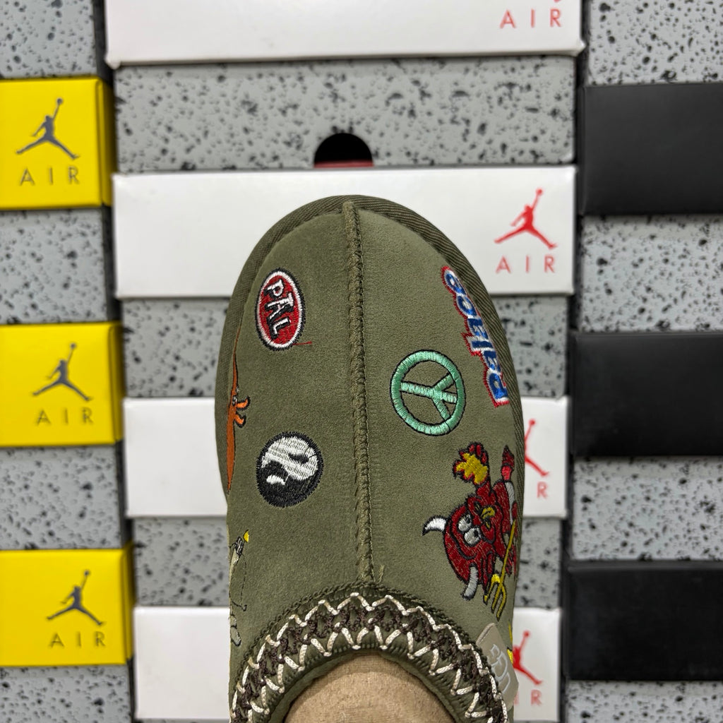 UGG Olive Green Cartoon-Embroidered Slip-On Shoes with Braided Trim