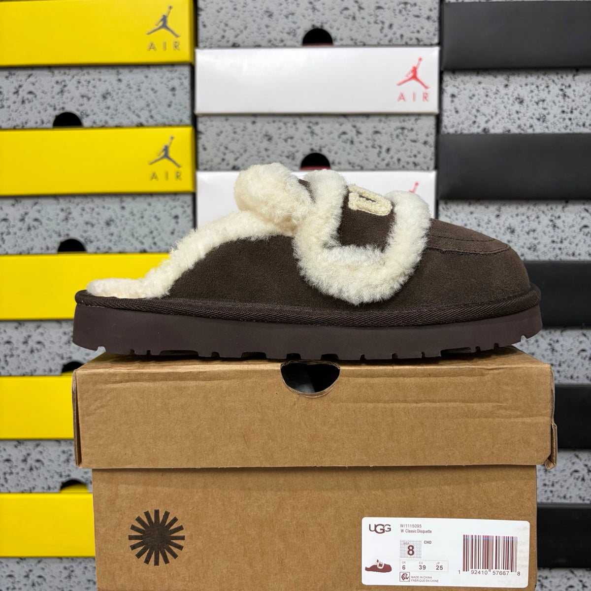 UGG Chocolate Brown Embroidered Mule Slippers with Cream Plush Trim