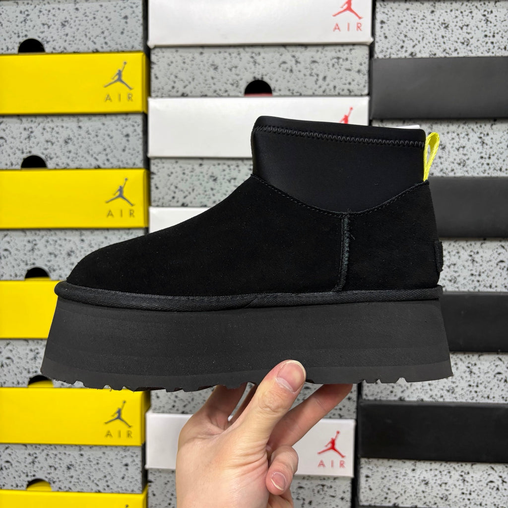 UGG Black Platform Ankle Boots with Neon Yellow Pull Tab