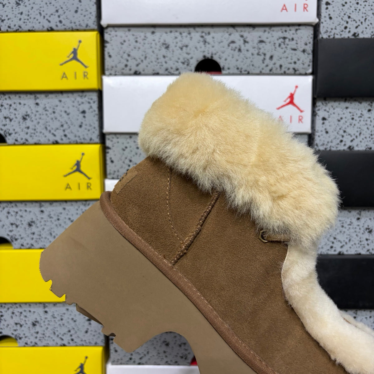 UGG Chestnut Lace-Up Platform Ankle Boots with Cream Plush Trim
