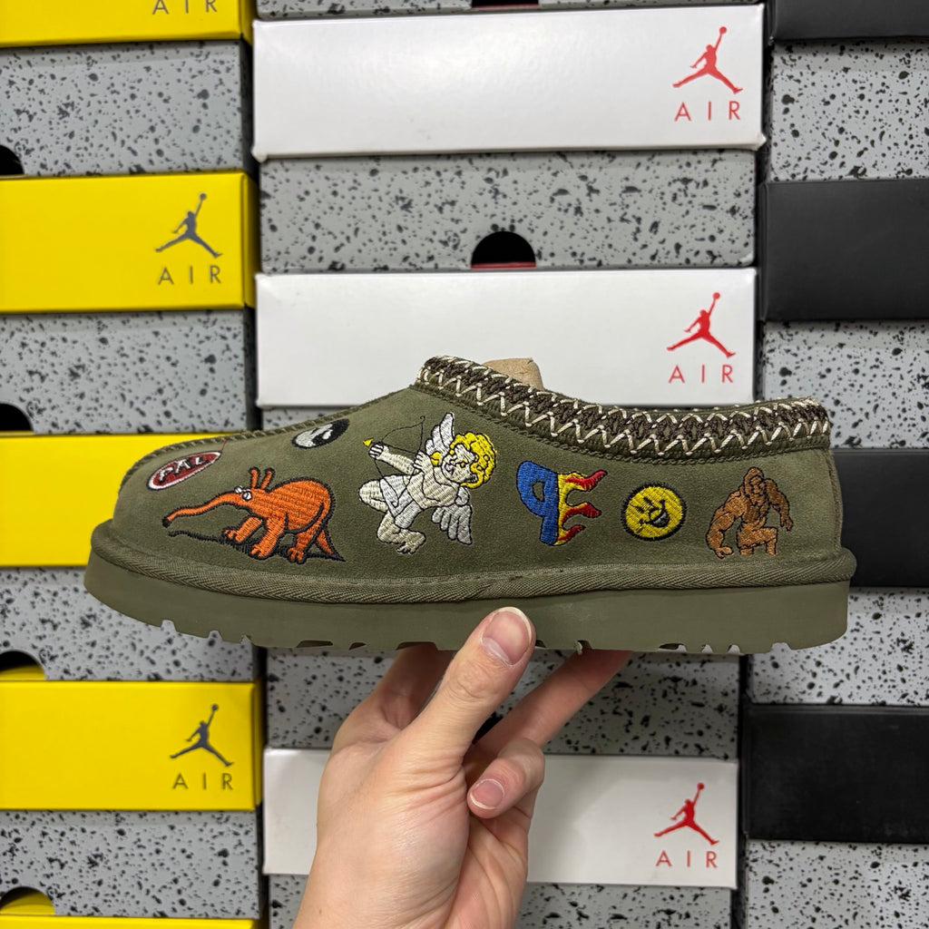 UGG Olive Green Cartoon-Embroidered Slip-On Shoes with Braided Trim