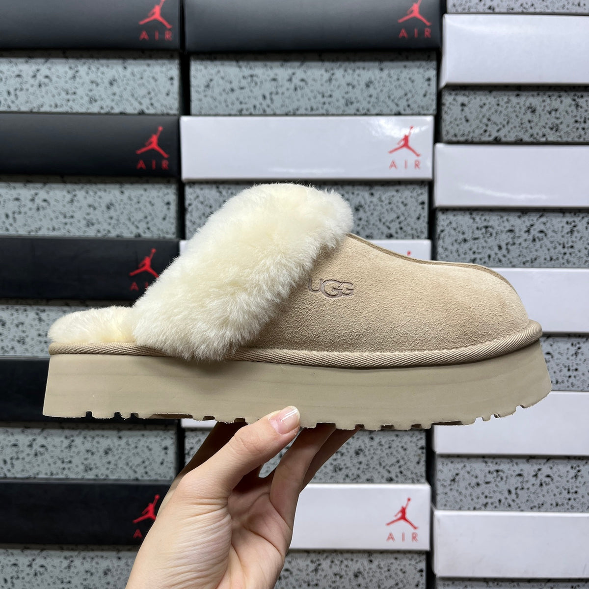 UGG Sand Beige Platform Slippers with Plush Trim