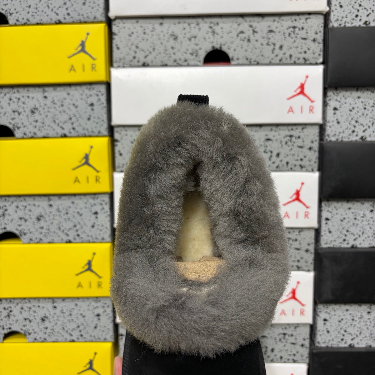 UGG Black Platform Slip-On Shoes with Gray Plush Collar