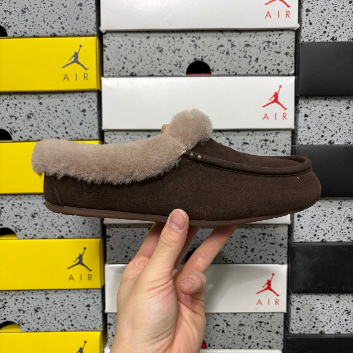 UGG Cocoa Brown Moccasin Slippers with Taupe Plush Collar
