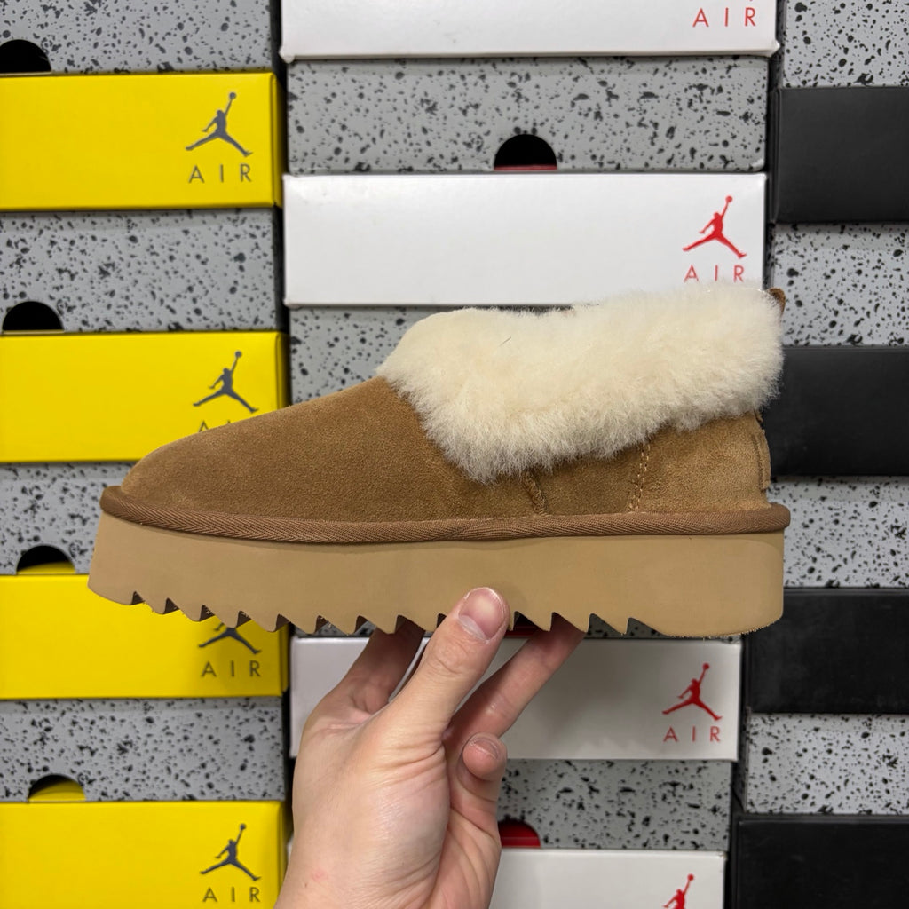 UGG Chestnut Platform Slip-On Shoes with Cream Plush Collar