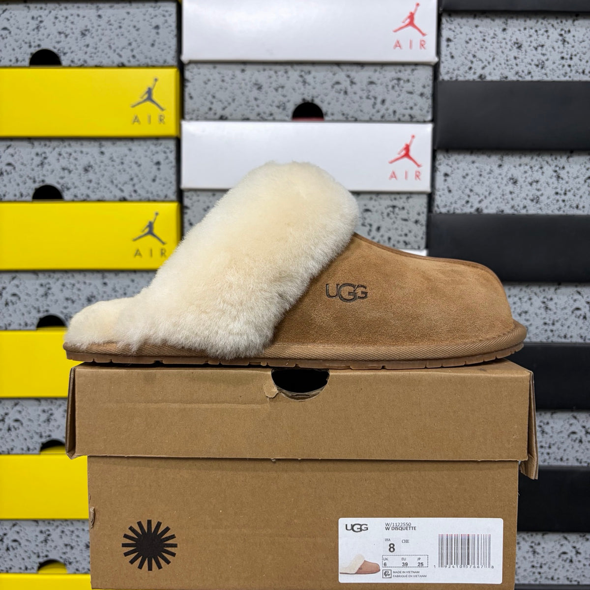 UGG Chestnut Open-Back Slippers with Cream Plush Collar
