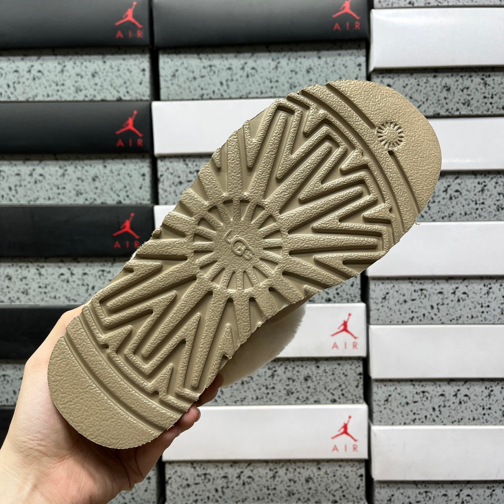 UGG Sand Beige Platform Slippers with Plush Trim