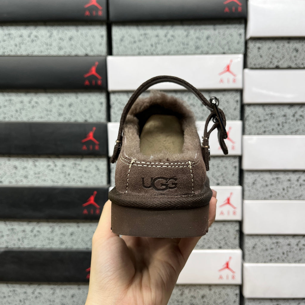 UGG Dark Brown Buckle-Strap Platform Clogs with Plush Lining