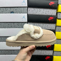 UGG Khaki Embroidered Mule Slippers with Cream Plush Trim