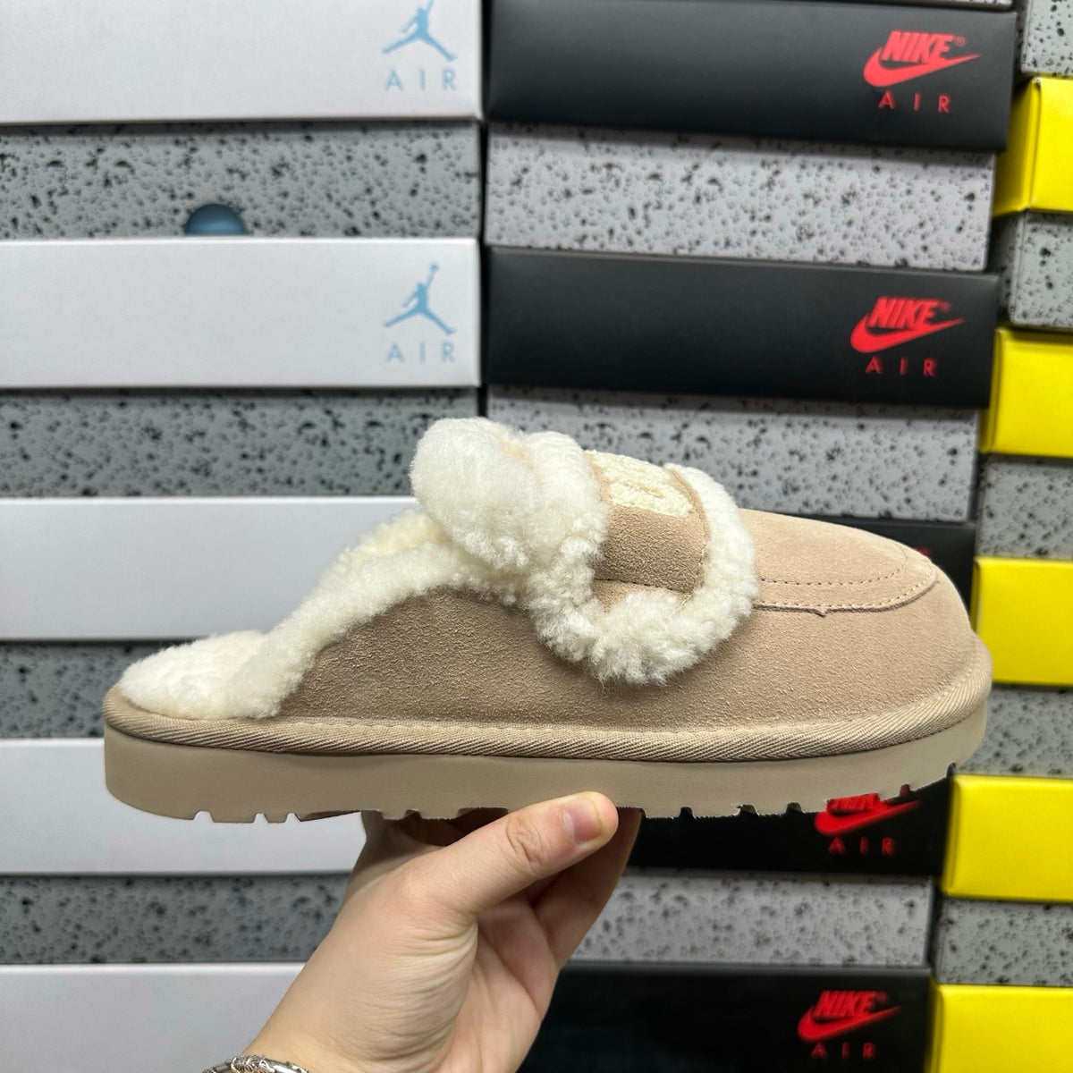 UGG Khaki Embroidered Mule Slippers with Cream Plush Trim