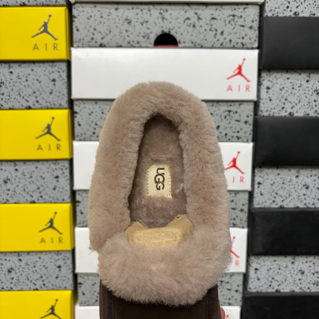 UGG Cocoa Brown Moccasin Slippers with Taupe Plush Collar