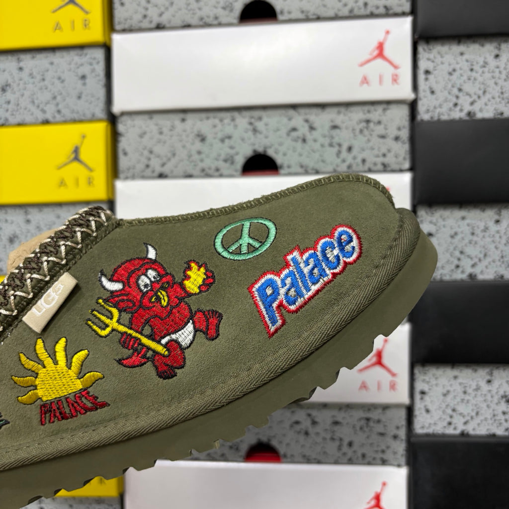 UGG Olive Green Cartoon-Embroidered Slip-On Shoes with Braided Trim