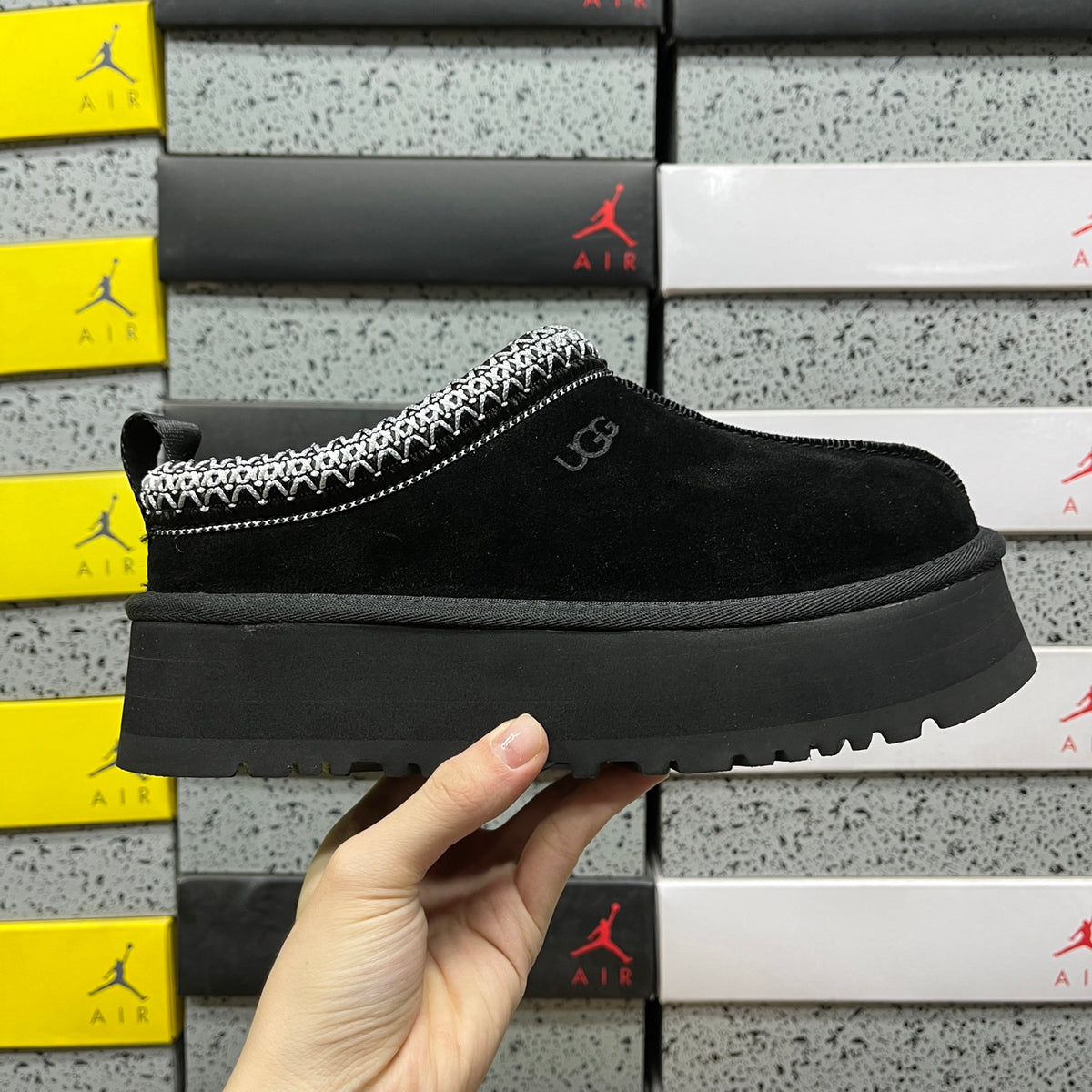 UGG Black Platform Slip-On Shoes with Woven Trim