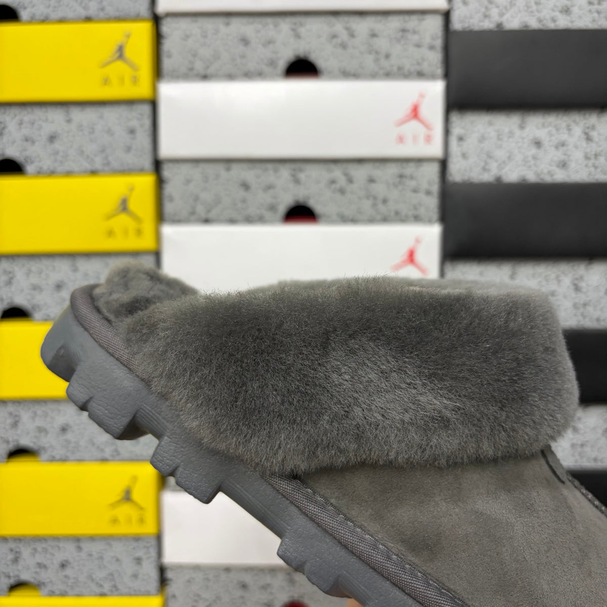 UGG Gray Open-Back Slippers with Plush Collar