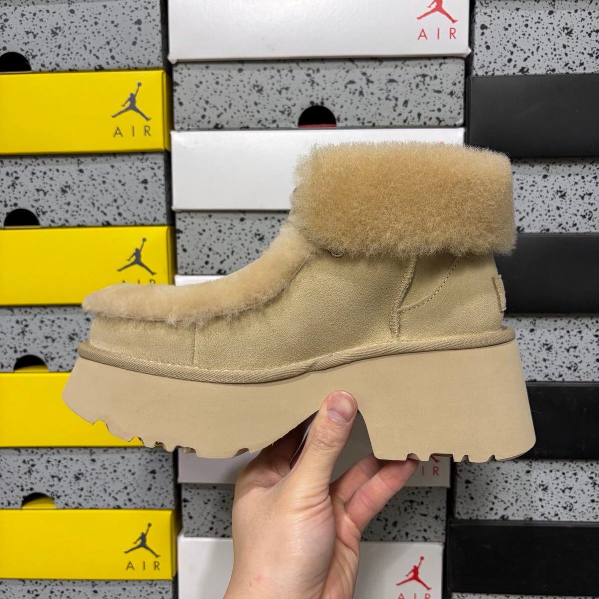 UGG Sand Lace-Up Platform Ankle Boots with Plush Trim