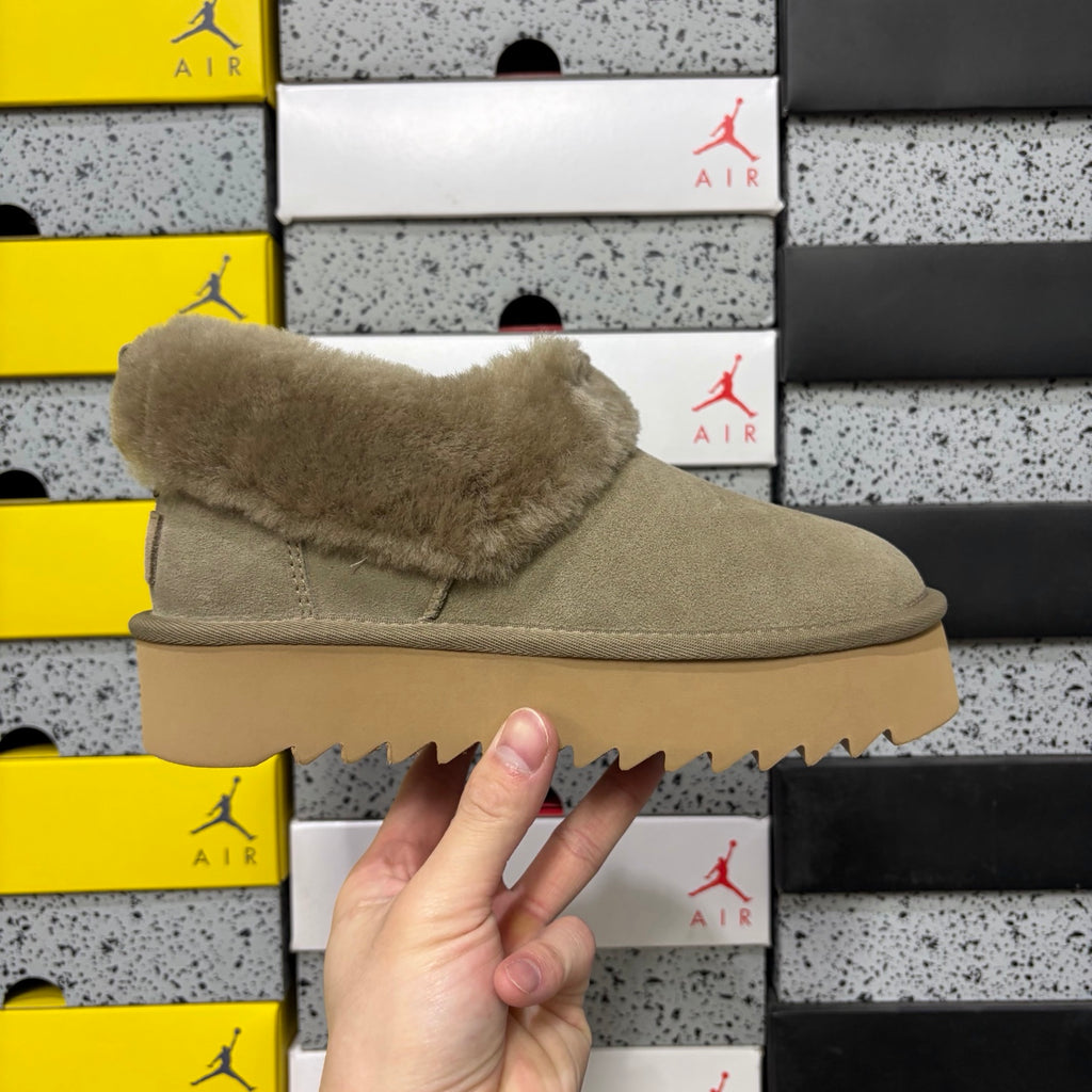UGG Taupe Brown Platform Slip-On Shoes with Plush Collar