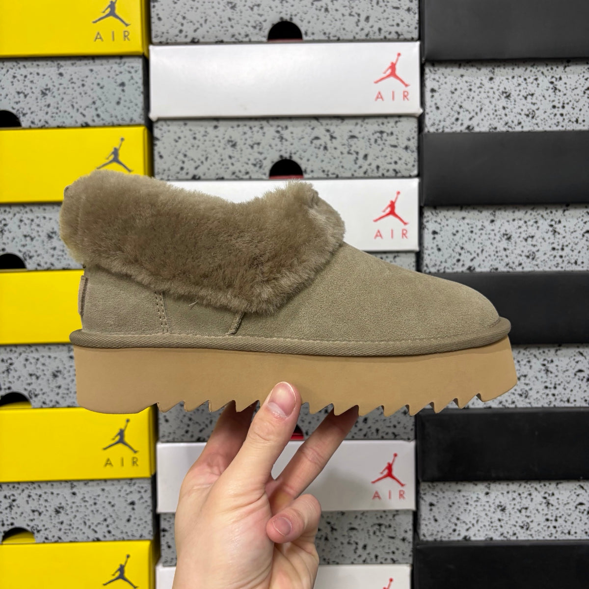 UGG Taupe Brown Platform Slip-On Shoes with Plush Collar
