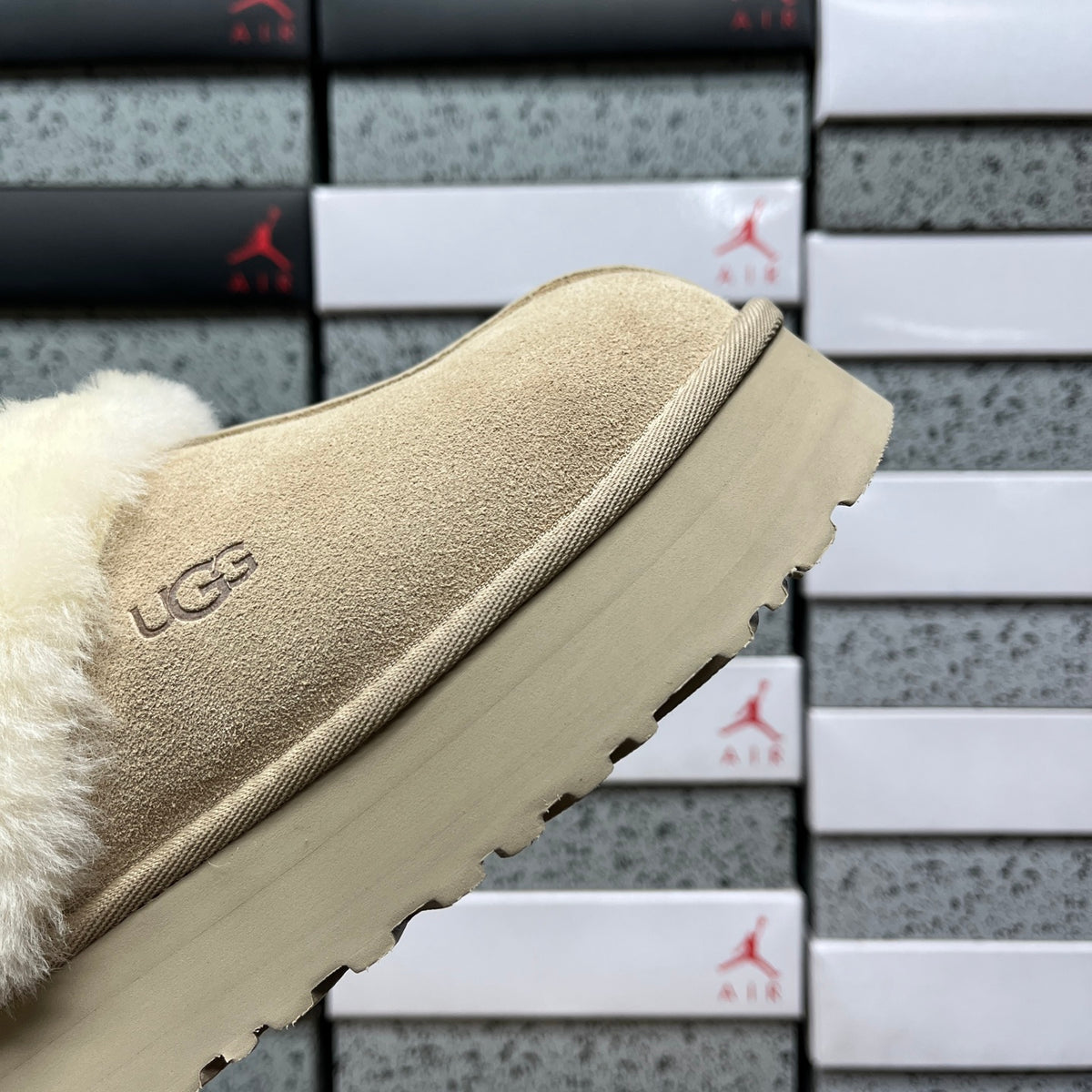 UGG Sand Beige Platform Slippers with Plush Trim
