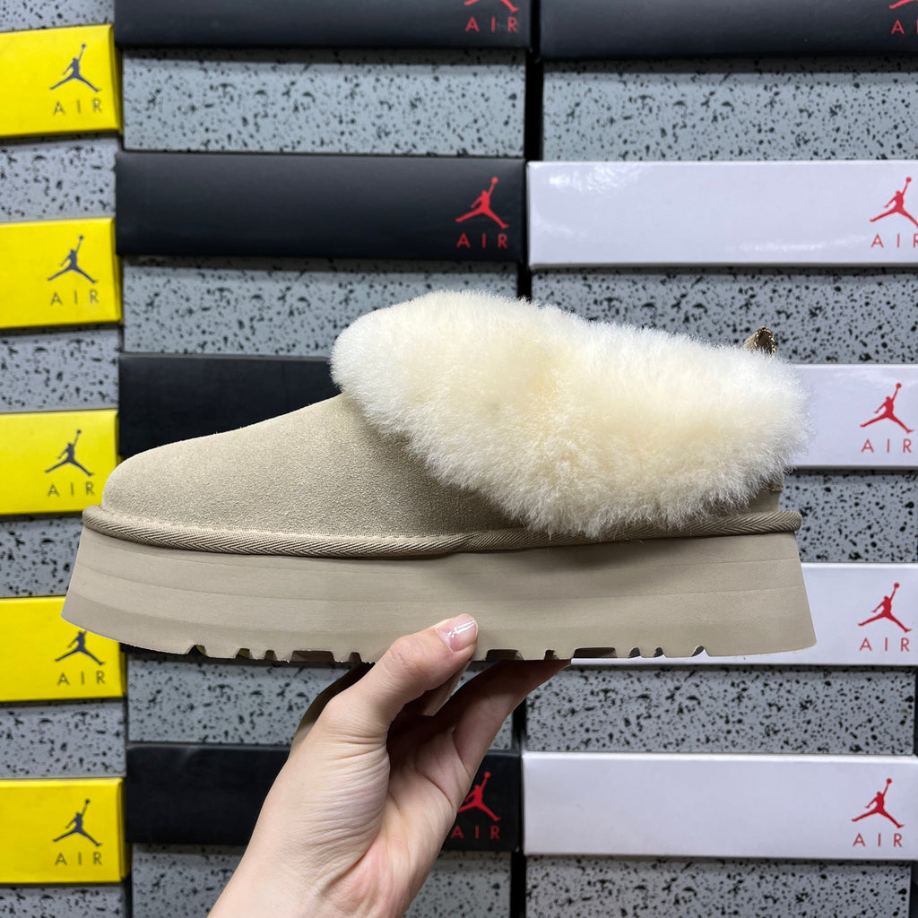 UGG Sand Tazzelle Platform Slippers with Cream Plush Collar