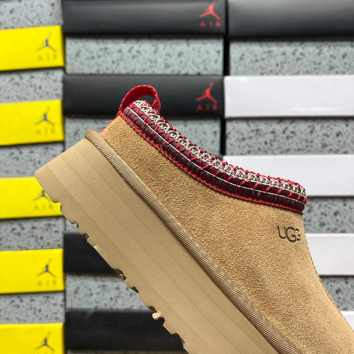 UGG Chestnut Platform Slip-On Shoes with Red Woven Trim