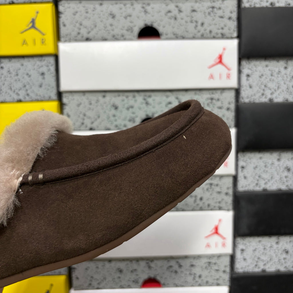 UGG Cocoa Brown Moccasin Slippers with Taupe Plush Collar
