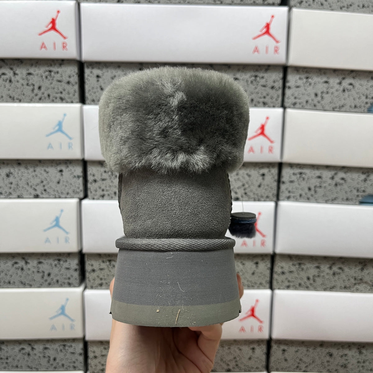 UGG Gray Platform Ankle Boots with Plush Collar and Front Zip